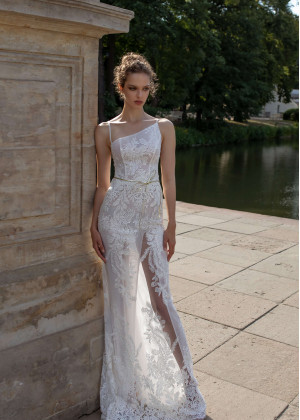 Asymmetrical Neck Ivory Lace Slit Wedding Dress